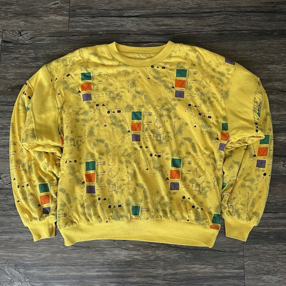 Vtg Gabrielle New York Geometric All Over Pattern Sweatshirt Yellow Women L EUC